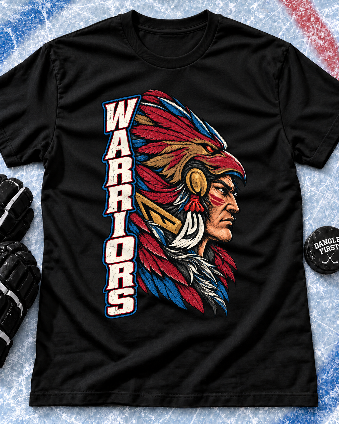 Black Minegoziibe Anishinabe Warriors Heritage T-shirt featuring vertical WARRIORS lettering and a detailed maroon, blue, and gold character illustration.