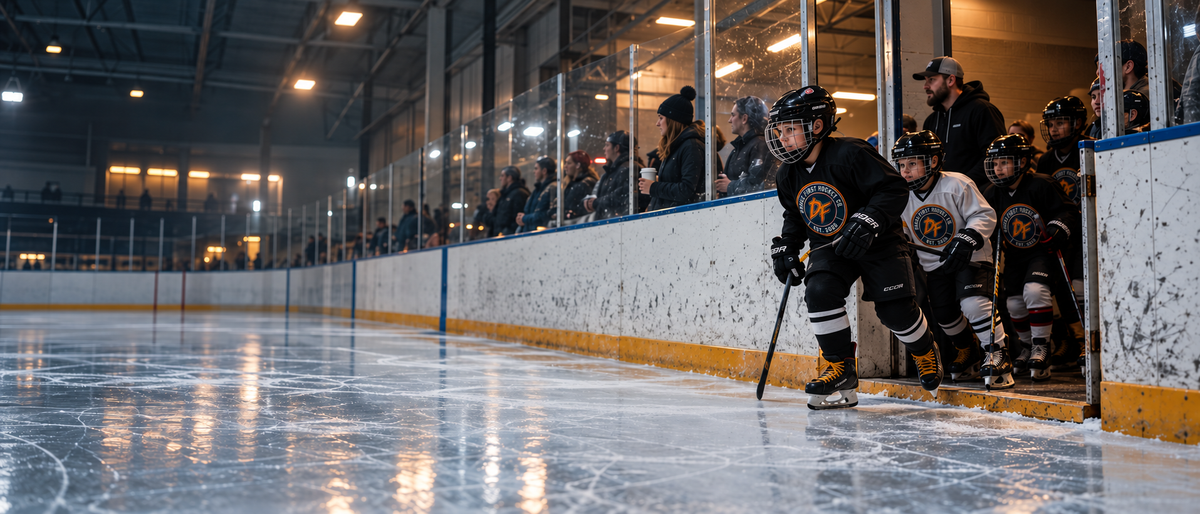 A youth hockey player in a black and white uniform skates on the ice beside the bench where teammates and coaches watch from behind protective glass in an indoor arena.